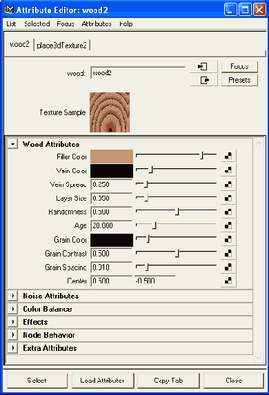 Атрибуты текстуры Wood в окне диалога Attribute Editor